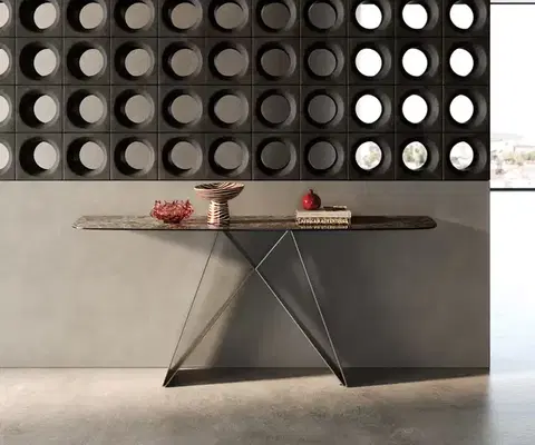 Konzolové stolíky DELIFE Konzolový stolík Edge zaoblený 180×40 cm keramika Emperador Extra Lucidato tmavohnedá Velio kov titánová farba