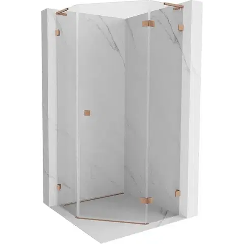 Sprchovacie kúty MEXEN/S - Lunar L sprchový kút päťboký krídlový pravá 100x100, transparent, meď kartáčovaná 831L-100P-100L-65-00-P