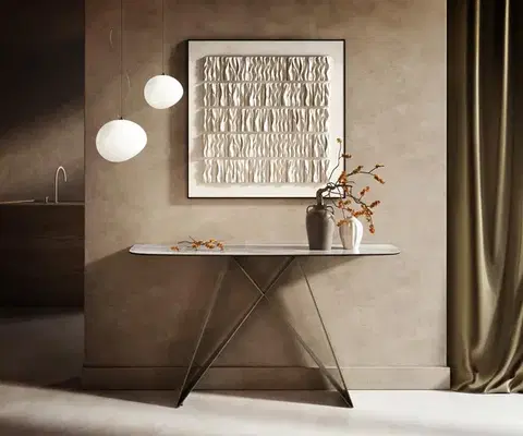 Konzolové stolíky DELIFE Konzolový stolík Edge zaoblený tvar 140×40 cm keramika Onyx Pearl Velio kov titánová farba