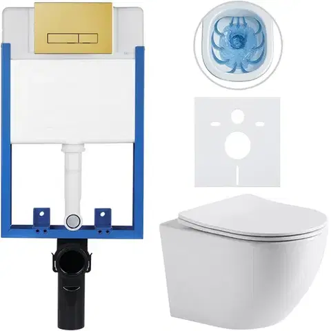 Záchody CERANO - Kompletný podomietkový WC set Lite/Cesso - biela lesklá - WC tlačidlo Slim, zlatá - na zamurovanie - 49x36 CER-312676