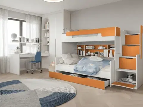 Postele ArtBed Detská poschodová posteľ s roštom HARRY | biela/oranžová 120 x 200 cm