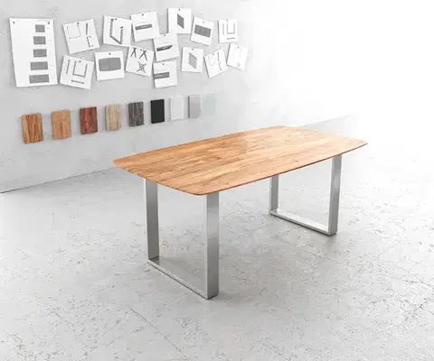 Jedálenské stoly DELIFE Jedálenský stôl Edge oválny 180x90 akácia prírodná nerezová oceľ úzky švajčiarska hrana