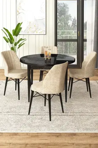Jedálenské sety Dining Table & Chairs Set (5 Pieces) Rox - Black Marble, Cream
