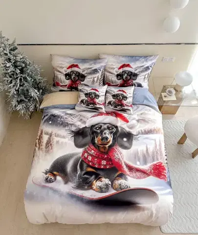 Obliečky 3 dielne Vianočné Flanelové obliečky 3D polycotton Winter Dogs 200x140cm+90x70cm TiaHome