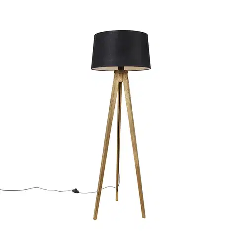 Stojace lampy Rustikálny trojnohý vintage drevený s tienidlom z ľanu čierny 45 cm - Tripod Classic