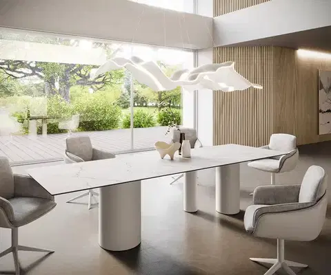 Jedálenské stoly DELIFE Jedálenský stôl Edge 300x100 keramika Laminam®Statuarietto biela Troa kov biela