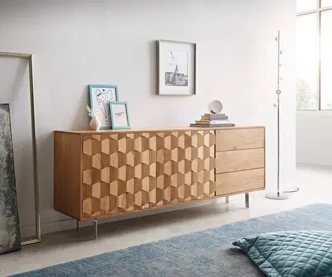 Komody DELIFE Komoda Fevo 175 cm akácia prírodná 2 dvierka 3 zásuvky podstava v tvare L