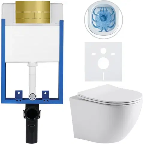Záchody CERANO - Kompletný WC set Profi/Cesso - biela lesklá - WC tlačidlo Line/Zlatá - na zamurovanie - 49x36 CER-8050BD84244