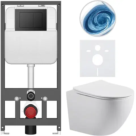 Záchody CERANO - Kompletný WC set Basic/Cesso - biela matná - WC tlačidlo Maxio/Čierna - závesné - predstenová inštalácia - 49x36 CER-8050BD86173
