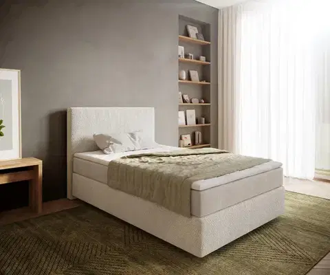 Postele Boxspring DELIFE Boxspring posteľ Dream-Well 120x200 cm bouclé krémovo biela s vreckovou pružinovou matracou a topperom visco