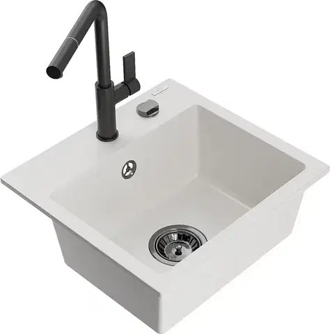 Kuchynské drezy MEXEN/S MEXEN/S - Milo granitový drez 1-miska vrátane batérie Flora, biela 6505-20-670401-70-B