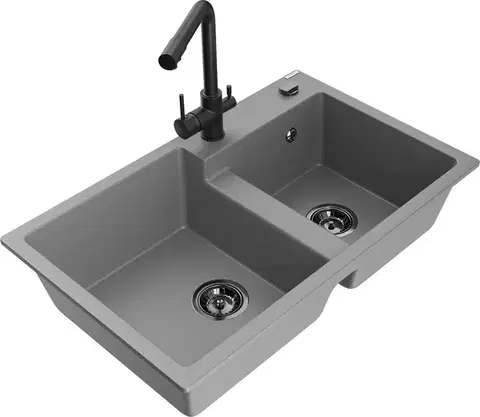 Kuchynské drezy MEXEN/S MEXEN/S - Tomas granitový drez 2-bowl vrátane batérie Duero, šedá 6516-71-671600-70-B