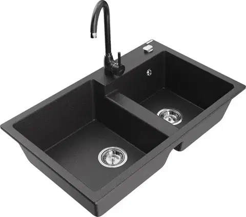 Kuchynské drezy MEXEN/S MEXEN/S - Tomas granitový drez 2-bowl vrátane batérie Telma, čierna kropenatá 6516-76-670200-76