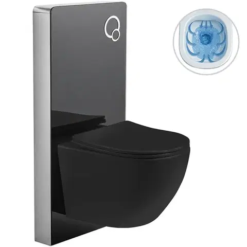 Záchody CERANO - Kompletný WC set Modul/Cesso - čierna lesklá - integrované WC tlačidlo - pneumatický modul - 49x36 CER-979855