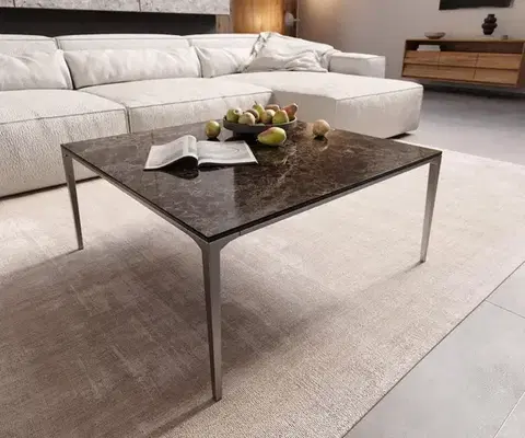 Konferenčné stolíky DELIFE Konferenčný stolík Levente 85x85 cm keramika Laminam® Emperador Extra Lucidato tmavohnedá podstava nerezová oceľ strieborná