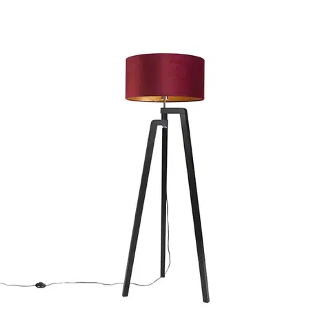Stojace lampy Stojaca lampa trojnožka čierna s červeným tienidlom a zlatom 50 cm - Puros