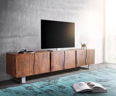 Televízne stolíky DELIFE TV stolík Live-Edge 220 cm akácia hnedá masívny 6 dvierka