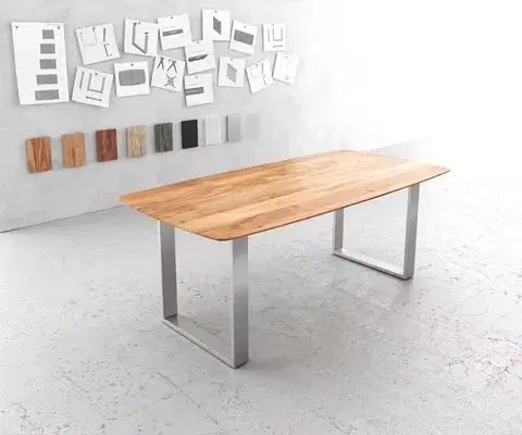 Jedálenské stoly DELIFE Jedálenský stôl Edge oválny 200x100 akácia prírodná nerezová oceľ úzky švajčiarska hrana