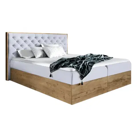 Postele KONDELA Wood 3 boxspringová manželská posteľ sivá / dub lancelot
