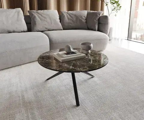Konferenčné stolíky DELIFE Konferenčný stolík Delron 70x70 cm keramika Laminam® Emperador Extra Lucidato tmavohnedá kovová podstava krížová plochá čierna