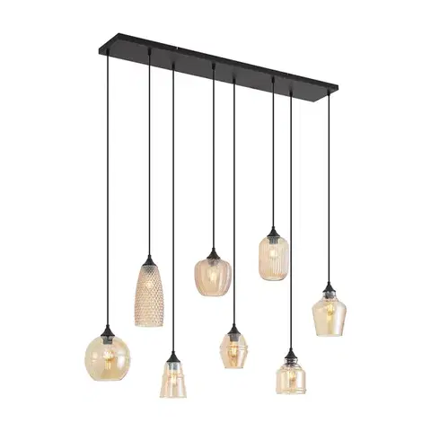 Závesné svietidlá Art Deco závesná lampa čierna s jantárovým sklom 8-Lights - Hanne