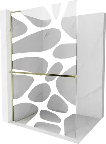 Sprchové dvere MEXEN/S - Kioto+ L Sprchová zástena WALK-IN s poličkou a držiakom uterákov 100 x 200, biely vzor, zlato 800-100-123-50-97