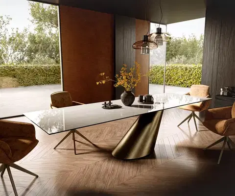 Jedálenské stoly DELIFE Jedálenský stôl Edge 300×100 cm keramika onyx šampanské kužeľ metalická zlatá
