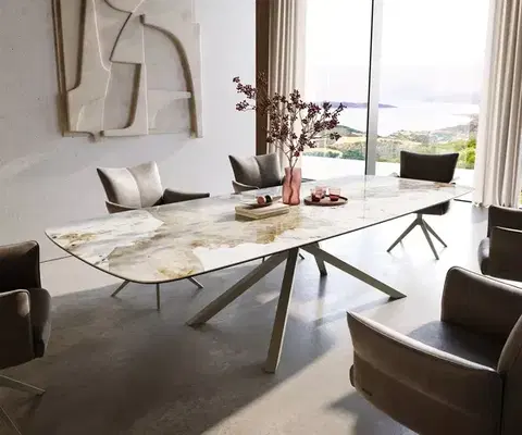 Jedálenské stoly DELIFE Jedálenský stôl Edge zaoblený tvar 300×120 cm keramika Minas Melange bielo-béžová krížová podstava hranatý titánová farba