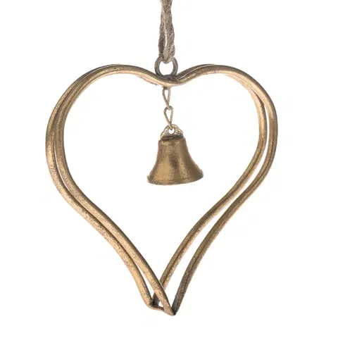 Vianočné dekorácie Kovové závesné srdce so zvončekom Christmas Gold, 16,5 cm