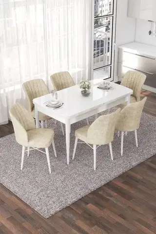 Jedálenské sety Extendable Dining Table & Chairs Set (7 Pieces) Nef - White, Cream