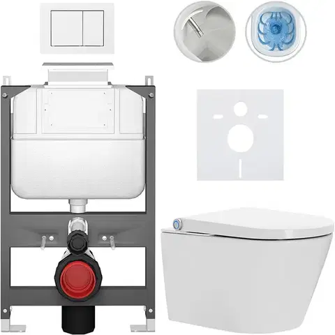 Záchody CERANO - Závesné WC s bidetom Basic/Cronus Standard - biela lesklá - WC tlačidlo Maxio/Biela - ovládanie zhora - predstenová inštalácia - 59,3x38,4 CER-8050BD86435