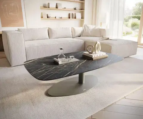 Konferenčné stolíky DELIFE Konferenčný stolík Edge zaoblený tvar 120x70 cm keramika Laminam® Noir Desir hnedý Vibany kov efektový povrch titánová farba