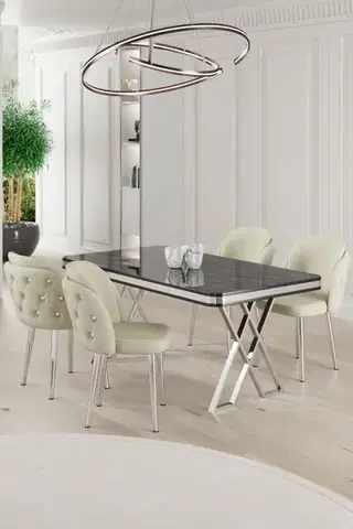 Jedálenské sety Dining Table & Chairs Set (5 Pieces) Rigel - Black Marble, Chrome, Cream