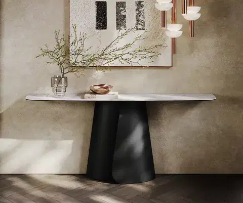 Konzolové stolíky DELIFE Konzolový stolík Edge zaoblený 180×40 cm keramika Laminam® Statuarietto biela Livos kov čierna