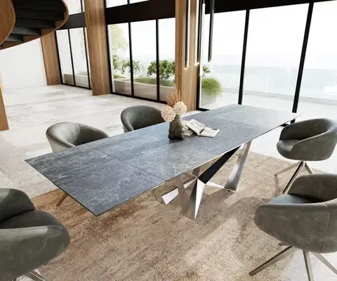 Jedálenské stoly DELIFE Jedálenský stôl Edge 200-300x100 keramika Laminam®Nero Greco antracitová pavúk plochá oceľ nerezová oceľ rozkladací