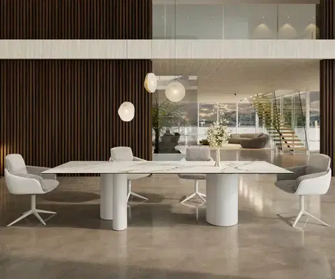 Jedálenské stoly DELIFE Jedálenský stôl Edge 300x100 keramika Calacatta Luxe bielo-zlato-šedá Troa kov biela