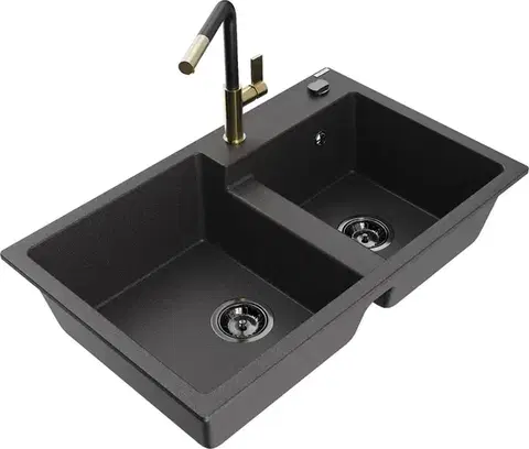 Kuchynské drezy MEXEN/S MEXEN/S - Tomas granitový drez 2-bowl vrátane batérie Flora, čierna kropenatá 6516-76-670401-57-B