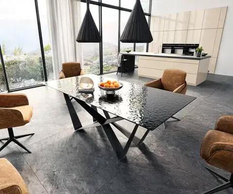 Jedálenské stoly DELIFE Jedálenský stôl Edge 200x100 reliéfne sklo dymovo čierna 3D dizajn Spider plochá oceľ čierna