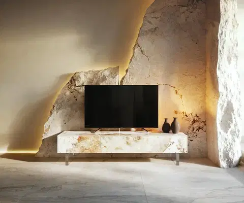 Televízne stolíky DELIFE TV stolík Cuor 150 cm keramika Minas Melange bielo-béžová 1 výklopné dvierka 1 zásuvka podstava závesná akrylové sklo