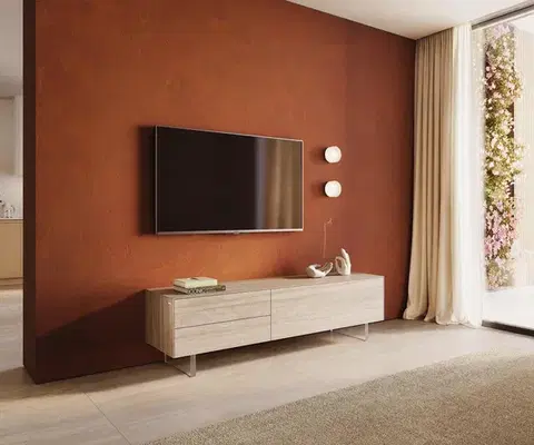 Televízne stolíky DELIFE TV stolík Cuor 180 cm keramika Laminam® Travertino Bianco krémovo biela 1 výklopné dvierka 2 zásuvky podstava závesná akrylové sklo