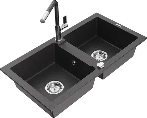 Kuchynské drezy MEXEN/S MEXEN/S - Mario granitový drez 2-bowl vrátane batérie Flora, čierna kropenatá 6504-76-670401-08