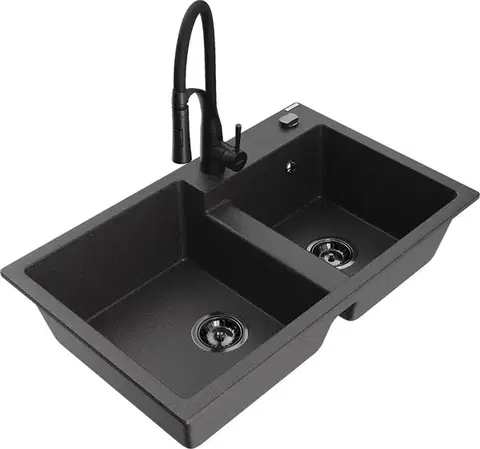 Kuchynské drezy MEXEN/S MEXEN/S - Tomas granitový drez 2-bowl vrátane batérie Aster, čierna kropenatá 6516-76-73450-70-B