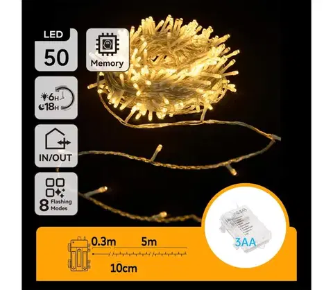 LED osvetlenie  B.V.  - vonkajší LED reťaz 50xLED/8 funkcií 3xAA 5,3m IP44 teplá biela B10303K1R