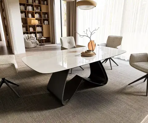 Jedálenské stoly DELIFE Jedálenský stôl Edge zaoblený tvar 200x100 cm keramika onyx šampanské podstava v tvare W kov čierna