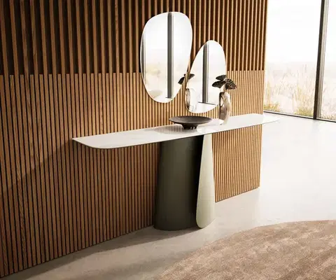 Konzolové stolíky DELIFE Konzolový stolík Edge zaoblený tvar 180×40 cm keramika onyx šampanské Livos kov titánová farba