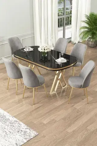 Jedálenské sety Dining Table & Chairs Set (7 Pieces) Lai - Black Marble, Gold, Grey