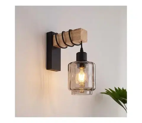 Svietidlá BRILAGI - Nástenné svietidlo WOOD GLASS 1xE27/60W/230V borovica/čierna/dymovo-béžová EG44078+NSTK7399