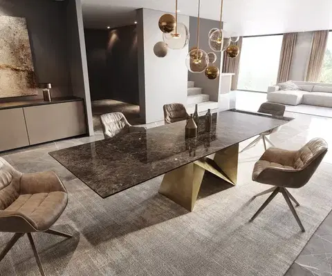 Jedálenské stoly DELIFE Jedálenský stôl Edge 300x100 keramika Laminam® Emperador Extra Lucidato tmavohnedá Origami metalická zlatá