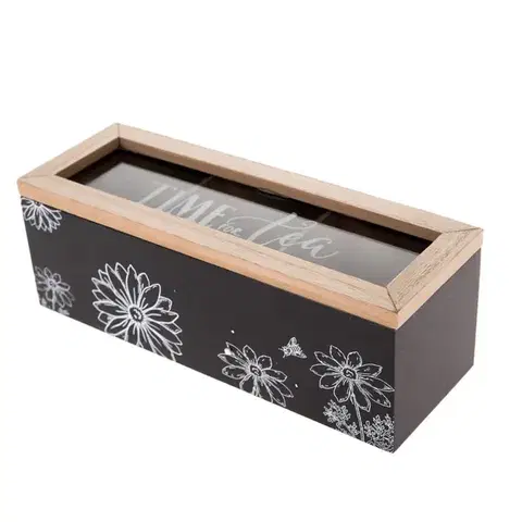Príslušenstvo pre prípravu čaju a kávy Drevený box na čajové vrecká Meadow flowers čierna, 23 x 8 x 8 cm