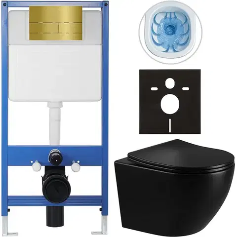 Záchody CERANO - Kompletný WC set Profi/Cesso - čierna lesklá - WC tlačidlo Line/Zlatá - predstenová inštalácia - 49x36 CER-8050BD84261